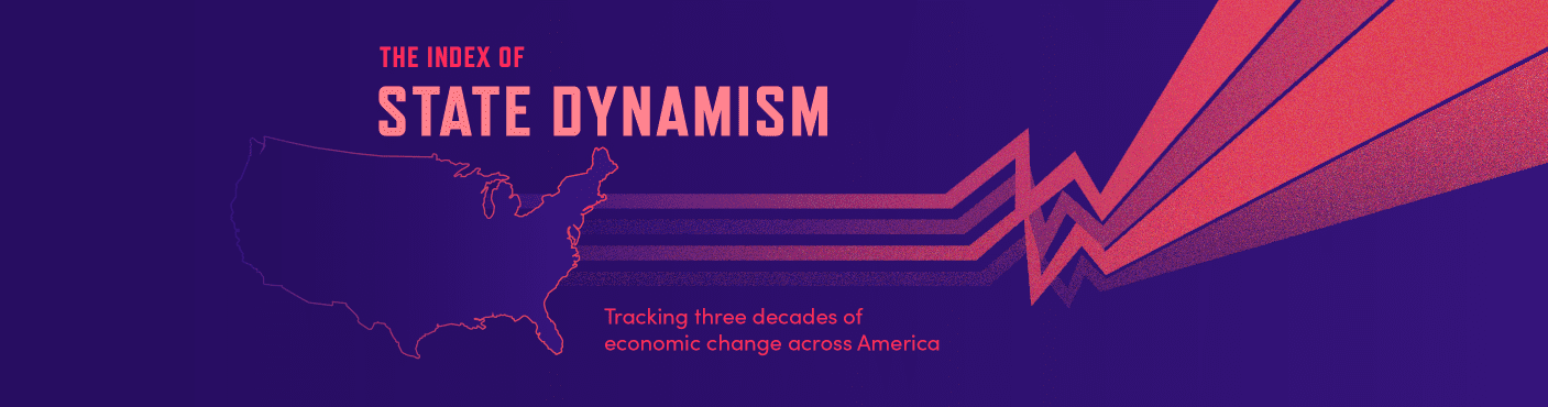 Image of the Index of State Dynamism banner. An outline of the continental United states on a dark saturated purple background. From it are dynamic pink jagged lines that go up and right, in a retro style.
